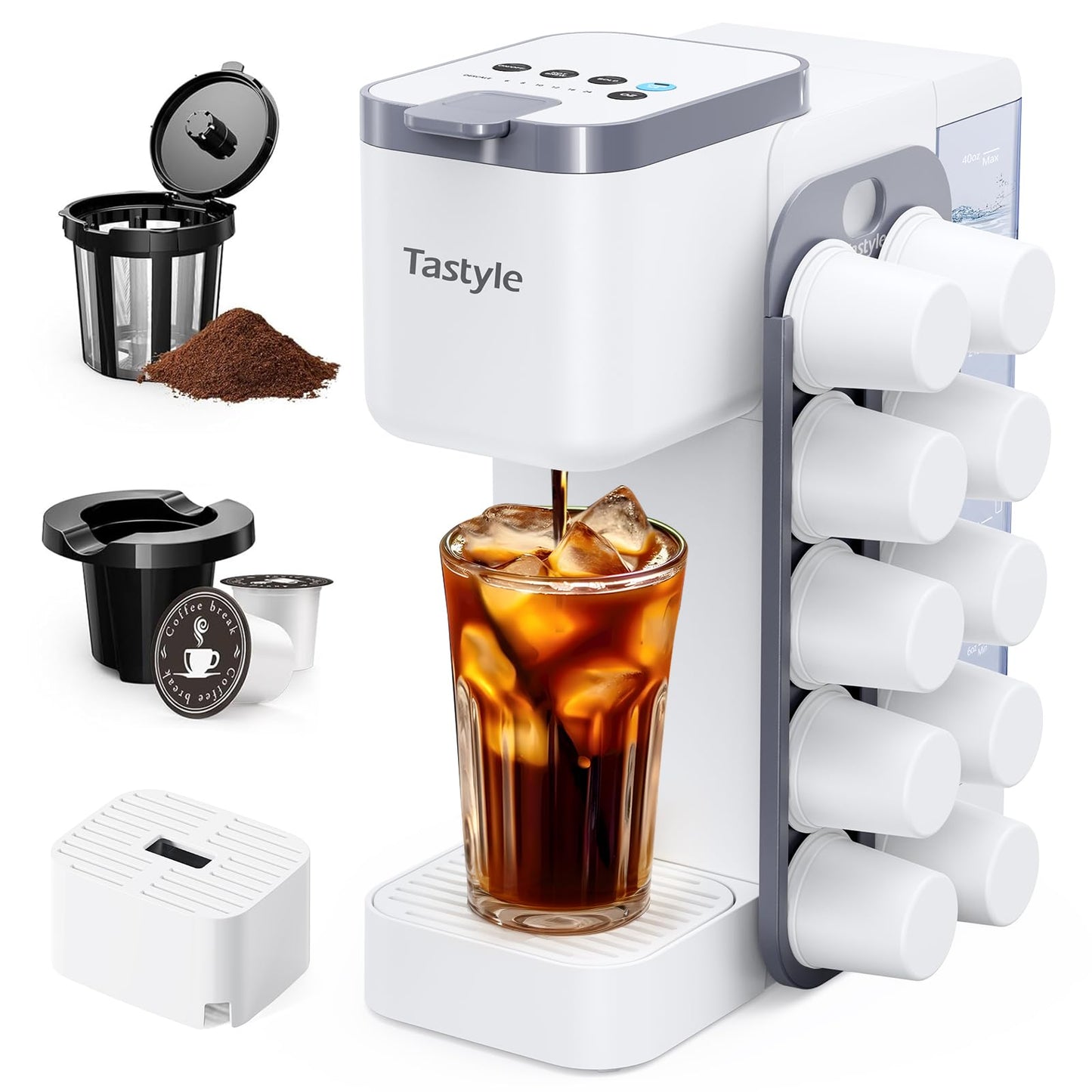 Tastyle Hot & Iced Coffee Maker with Magnetic K-Pod Holder, Fits 7.3'' Mug