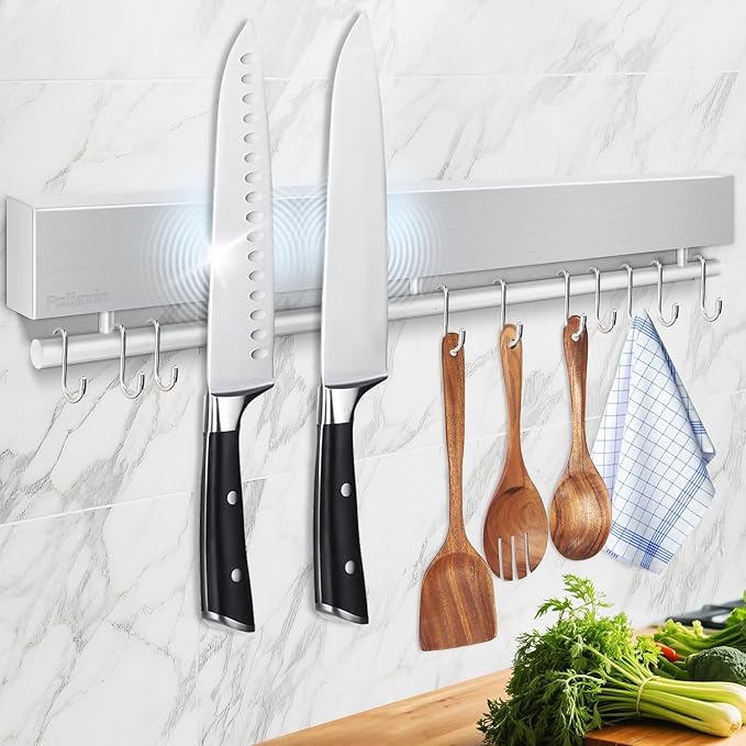 12 Inch Magnetic Knife Holder for Wall - Stainless Steel Magnet Knife Strip No Drill with 5 Hooks/Adhesive Tape/Screws, Kitchen Utensil Holder, Magnetic Knife Organizer, Wall Mounted Knife Storage