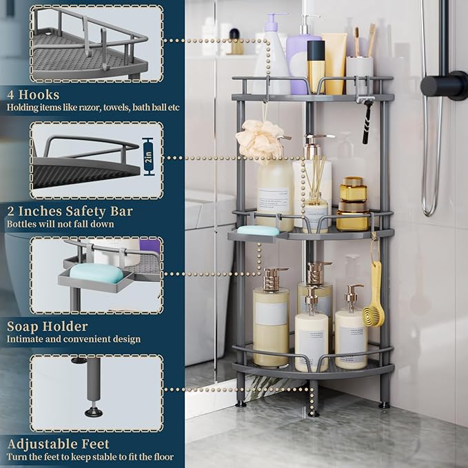Consumest Corner Shower Caddy Stand - 3 Tier Shower Organizer with Soap Holder, Tall Floor Corner Shelf Standing with Adjustable Feet & 4 Hooks, Storage Rack for Bathroom Grey