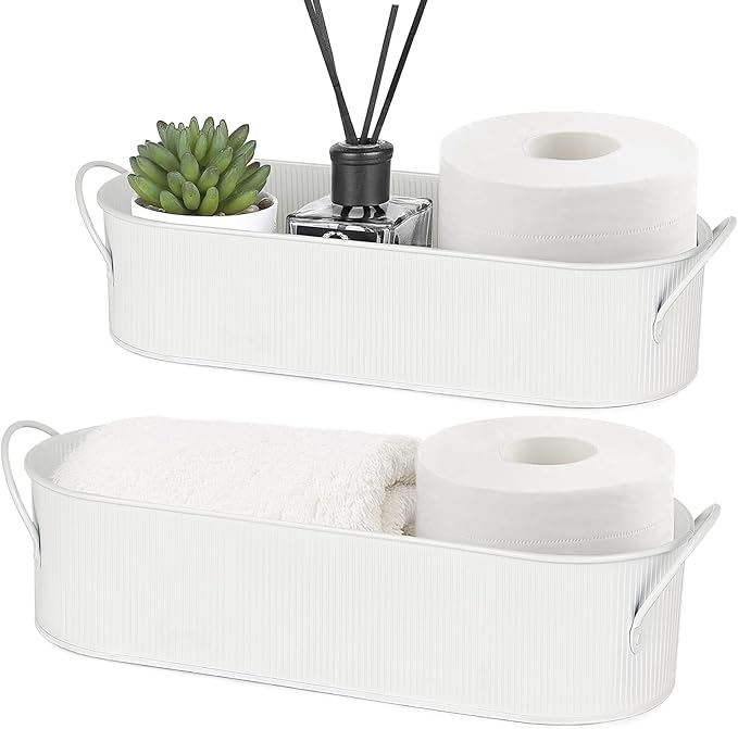 Mkono Metal Storage Basket for Toilet Tank Top Bathroom Decor, Galvanized Tray with Handle for Shelves, Farmhouse Toilet Paper Holder Organizing Bin Box for Countertop Living Room, Set of 2, White