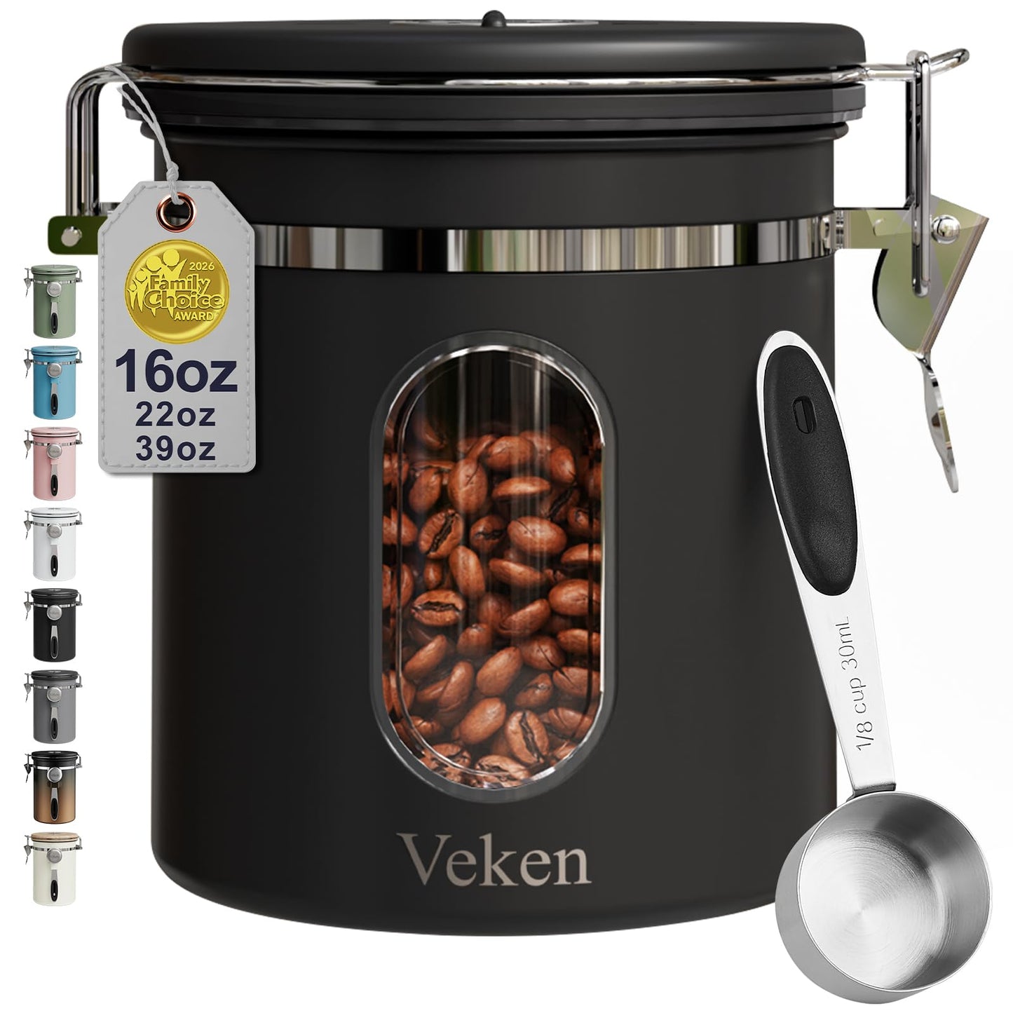 Veken Coffee Canister with Window,Airtight Stainless Steel Container,16OZ