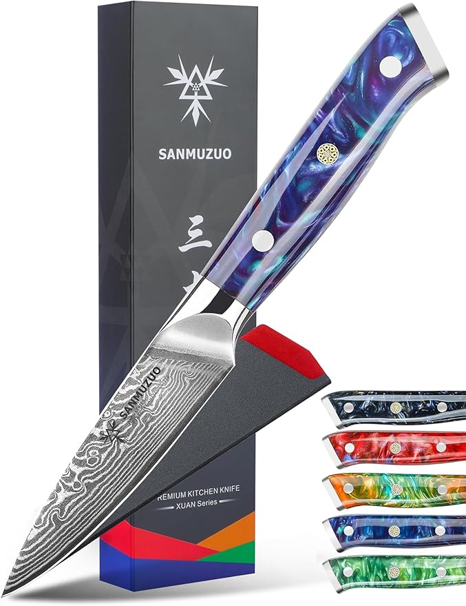 SANMUZUO 3.5 Inch Paring Knife - Kitchen Fruit Vegetable Knife Damascus Steel & Resin Handle - Xuan Series (Fantasy Orange)