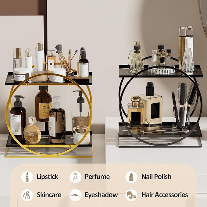 2 Tier Perfume Organizer for Dresser, Black Gold Perfume Makeup Perfume Stand Organizer for Vanity, Cosmetics Ideal Gift for Perfume Lovers-Black