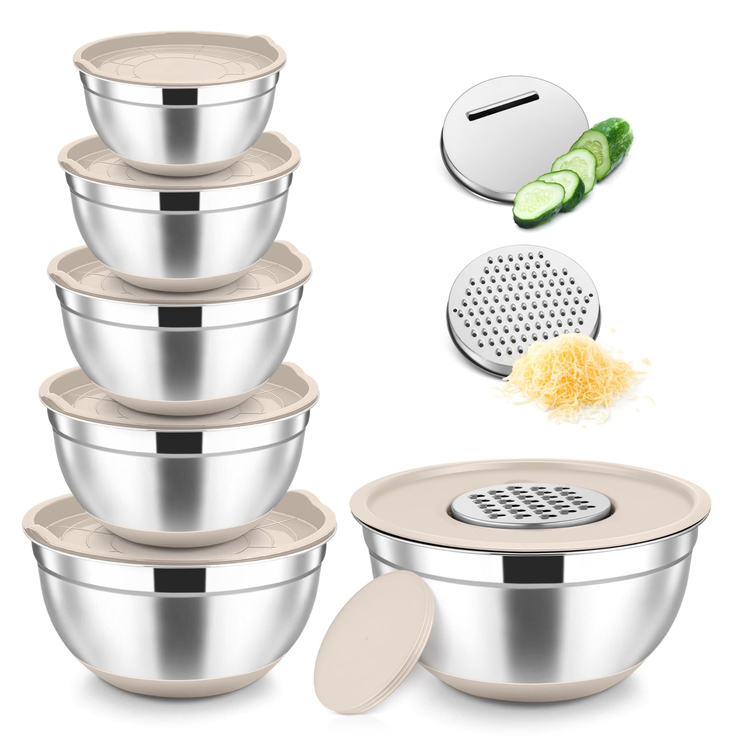 TeamFar Mixing Bowls, Stainless Steel Salad Bowl with Lid & Graters -Blue