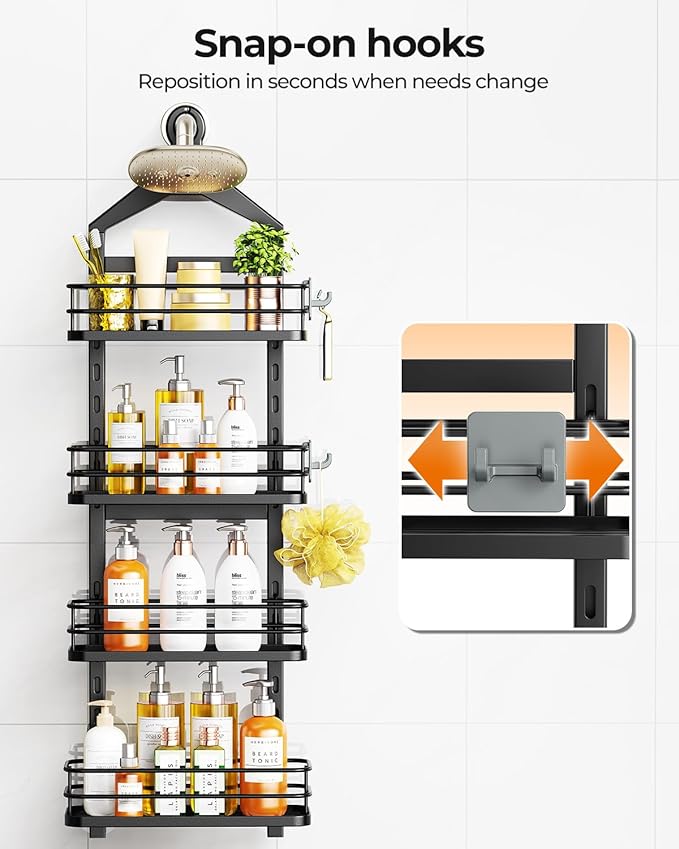 ODesign 4 Tier Height-Adjustable Shower Caddy Hanging Anti-Swing-Over The Shower Head Caddy-Sho wer Storage Organizer Bathroom Shelves Basket Caddies-Black