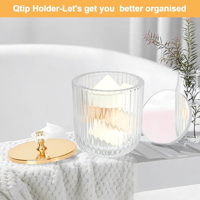 Jenseits 2PCS Qtip Holder Set, Clear Glass Apothecary Jars With Lid for Cotton Ball and Round Pad Storage, Bathroom Vanity Organization, Farmhouse Home Decor