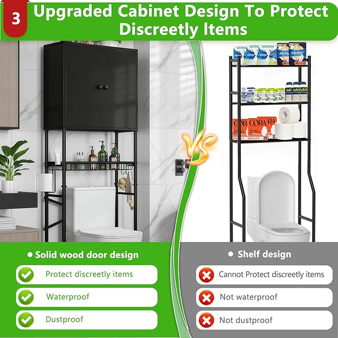 Over The Toilet Storage Cabinet - 2-Door Design Bathroom Organizers Shelf, Freestanding Space-Saver Above Toilet Storage Cabinet with Privacy Protection Rack, Water-Resistant Toilet Shelves (Black)
