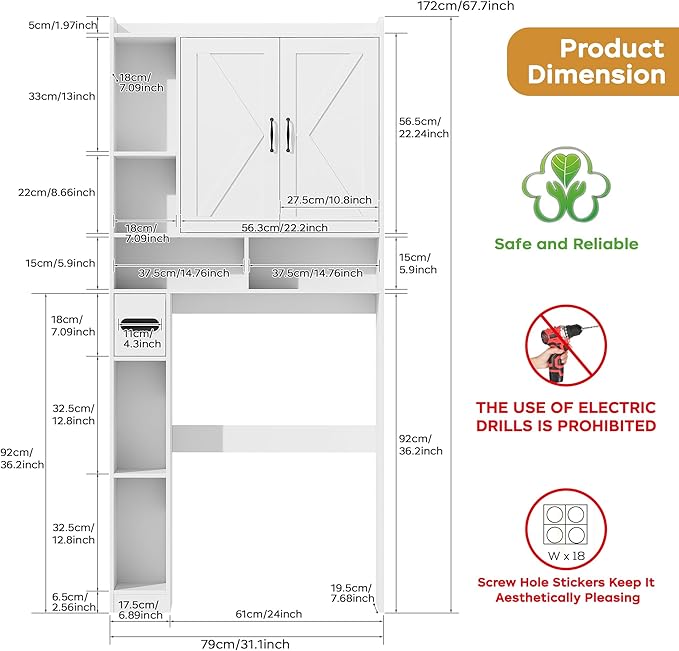 Over The Toilet Storage Cabinet, 31”W Bathroom Organizer with Double Doors, Above Toilet Rack, Detachable Toilet Paper Holder for Bathroom & Laundry Room White