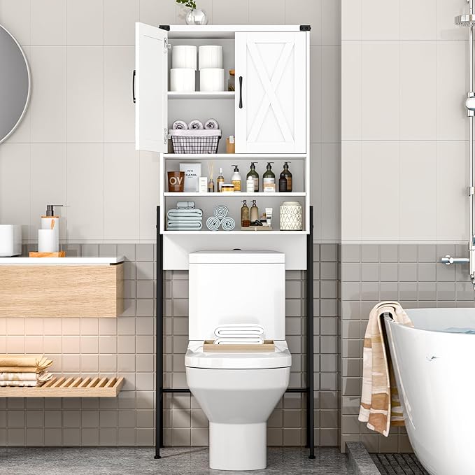Vabches Over The Toilet Storage Cabinet, Farmhouse Over Toilet Storage Cabinet, Metal Frame with 2 Barn Doors, Home Space-Saving Toilet Rack for Bathroom, Toilet, Laundry Room