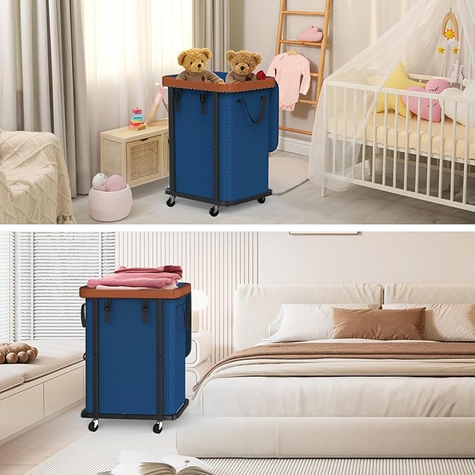 150L (40 Gal) Large Fashion Laundry Basket with Wheels, Leather Patchwork Rolling Hamper Carts, Sturdy Metal Frame, Removable Washable Bag, Tall Clothes Sorter for Bedroom, Laundry Room - Navy Blue