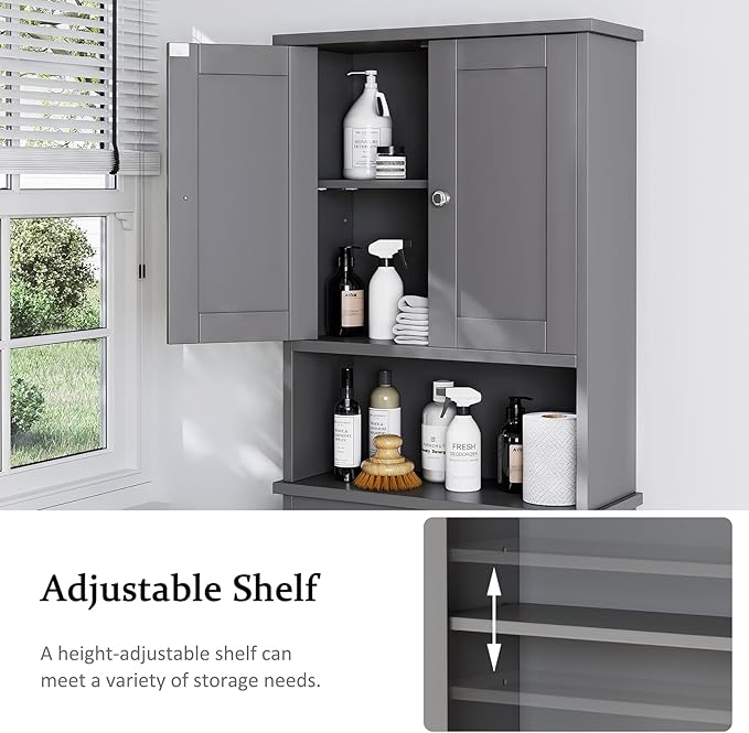 Meilocar Over The Toilet Storage Cabinet, Bathroom Storage Over Toilet with Two Doors and Adjustable Shelf, Space Saver with Open Shelf, Gray