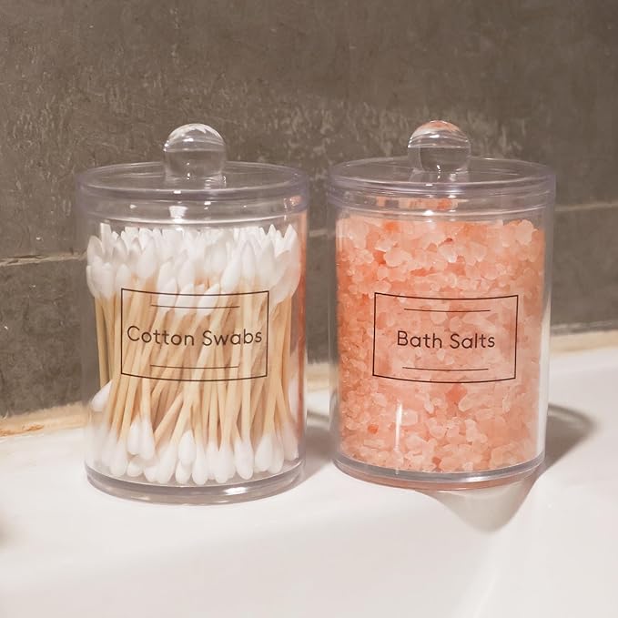 2 Pack Acrylic Qtip Holder Dispenser,Canisters Apothecary Jar Set, Vanity Makeup Bathroom Organizers and Storage Set, 10 and 12 oz