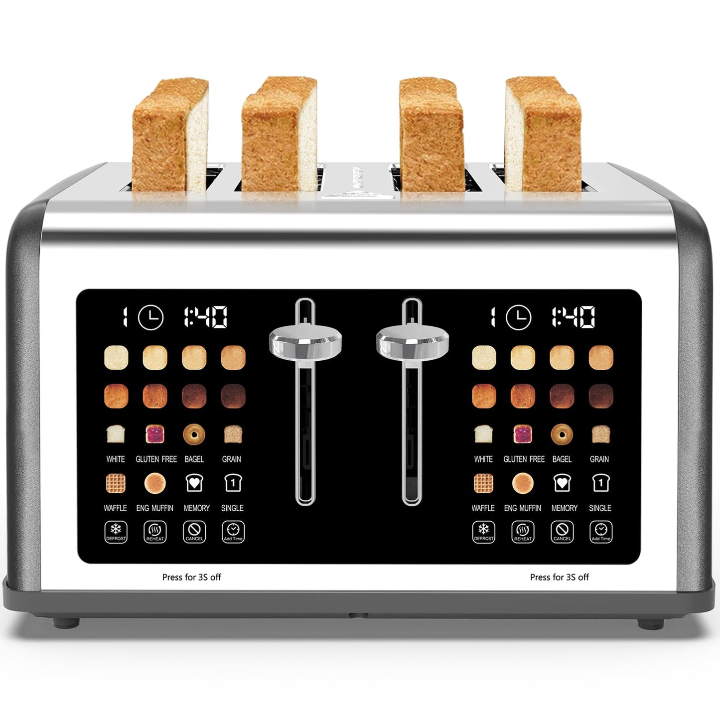 4 Slice Toaster Touch Screen, Stainless Steel Toasters Digital Timer, Dual Control Panel Toasters, 8 Shade Settings 6 Bread Types for Bagel, Cancel, Defrost 1650W Grey