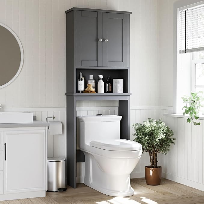 Shintenchi Over The Toilet Storage Cabinet, Bathroom Shelf Organizer with Anti-Tip Device Small Freestanding Space Saver with Adjustable Shelf, Gray