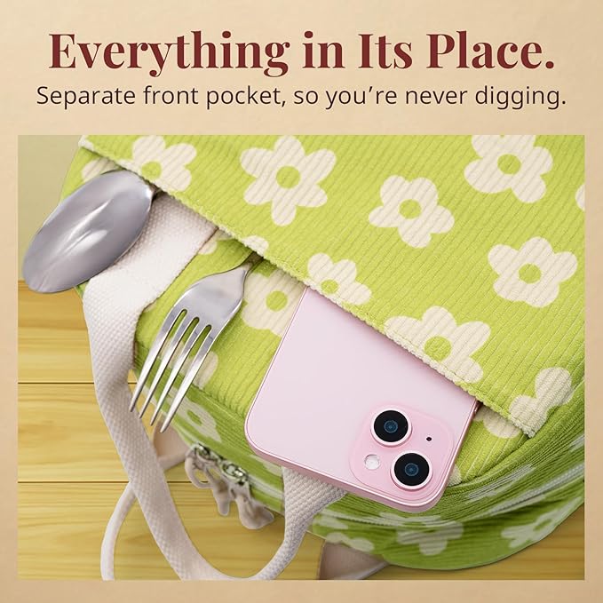 Insulated Floral Lunch Bag for Women, Stylish Corduroy Tote with Aluminum Lining, Large Capacity Reusable Cooler for Work, Travel, Beach or Picnic, Creamy Floral Water-Resistant Lunch Box