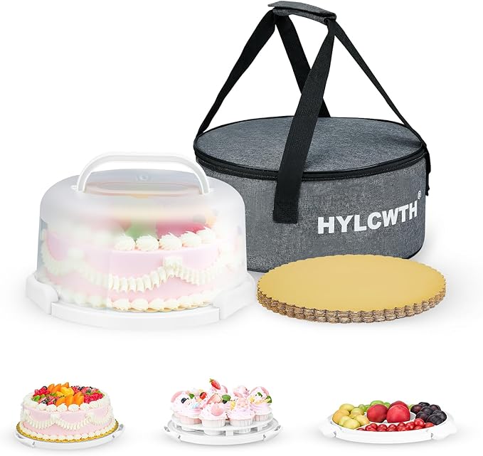 HYLCWTH Cake Carrier With Lid And Handle, Bpa-Free Cake Holder With Lid For 10 Inch Round Cake Carrier With 10 pcs Round Golden Cake Boards And Portable Insulated Bag（White）