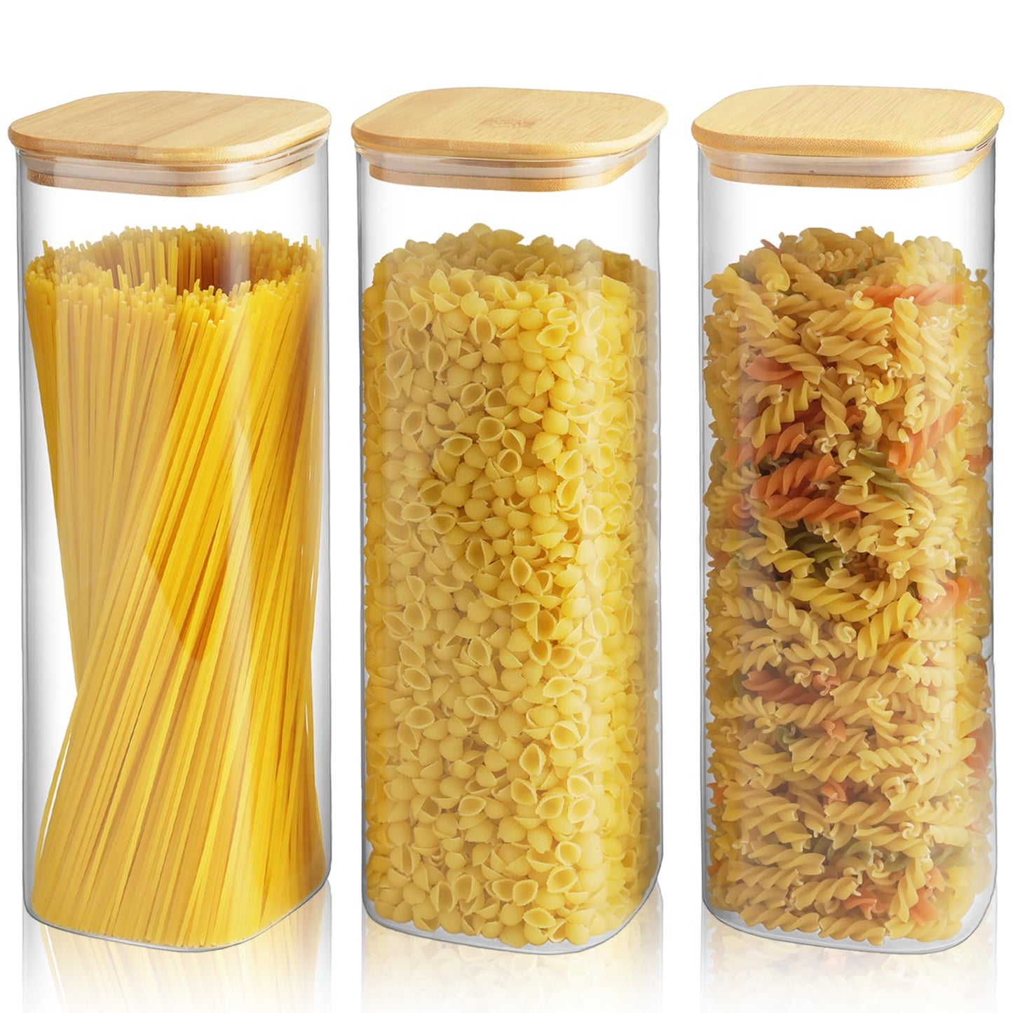 Glass Spaghetti Pasta Storage Container - 5 Pack Airtight Food Storage Jar Set with Bamboo Lid Labels - Square Kitchen Pantry Canister Organizers for Cookies Candy Coffee Bean Sugar Tea Spice Flour