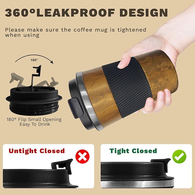 Vacuum Insulated Stainless Steel Travel Coffee Mug with Lid, Leak-Proof Reusable Thermal Cup Keeps Drinks Hot & Cold for Hours, Durable Portable Tumbler for Men & Women (3rd-Wood Grain, 12OZ)