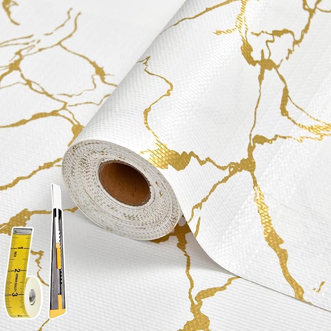 Drawer and Shelf Liner for Kitchen Cabinet Non Slip Waterproof Shelf Paper 17.5 in X 20 Ft Non Adhesive Refrigerator Liners Gold White Marble Easy Liners for Bathroom Cupboard