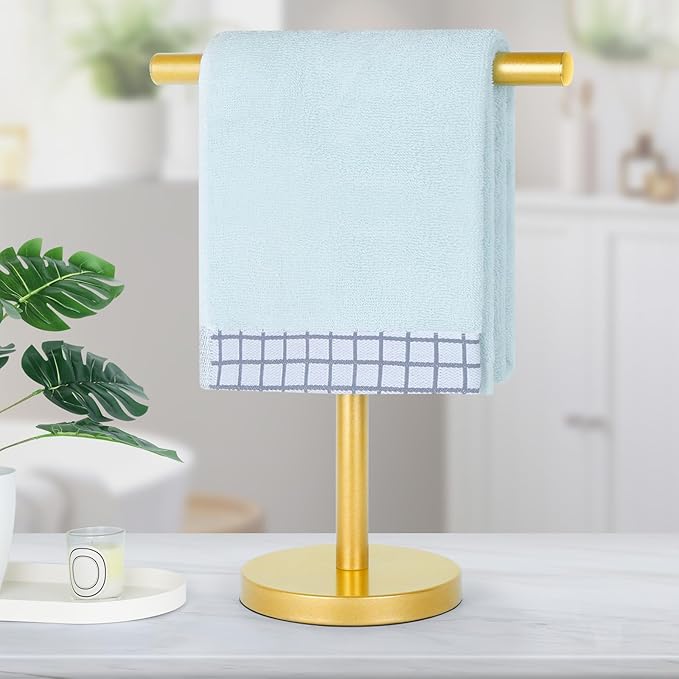 T-Shape Bath Hand Towel Holder Stand, Stainless Steel Free Standing Hand Towel Rack, for Bathroom Kitchen & Countertop, Golden