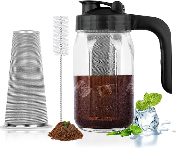 Cold Brew Coffee Maker Pitcher,64 Oz Heavy Duty Glass Mason Jar Pitcher with V-shaped Pour Spout Handle Lid,Stainless Steel Filter for Iced Coffee,Iced tea,Fruit Drinks,lemonade - Blue