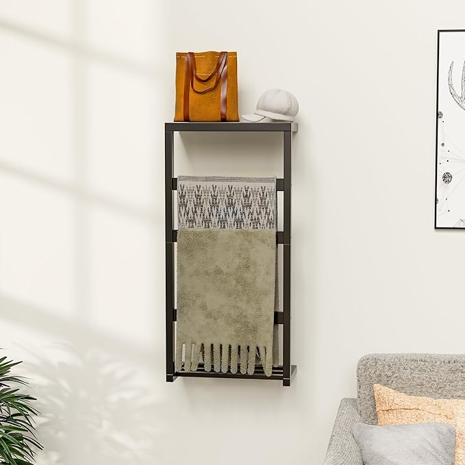 Bamboo Wall Blanket Ladder, 4-Tier Towel Racks, Blanket Holder with Anti-Slip Construction Home Decor, Decorative Blanket, Quilt, Towel, Scarf Ladder Shelves for Bathroom, Living Room, Bedroom, Black
