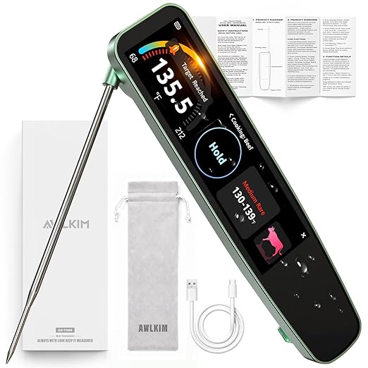 AWLKIM Instant Read Meat Thermometer Digital, 3.8" Touchscreen No App Needed Rechargeable Waterproof Kitchen Food Thermometer Probe for Cooking, Grill, BBQ, Candy, Oil Frying, 0.5F