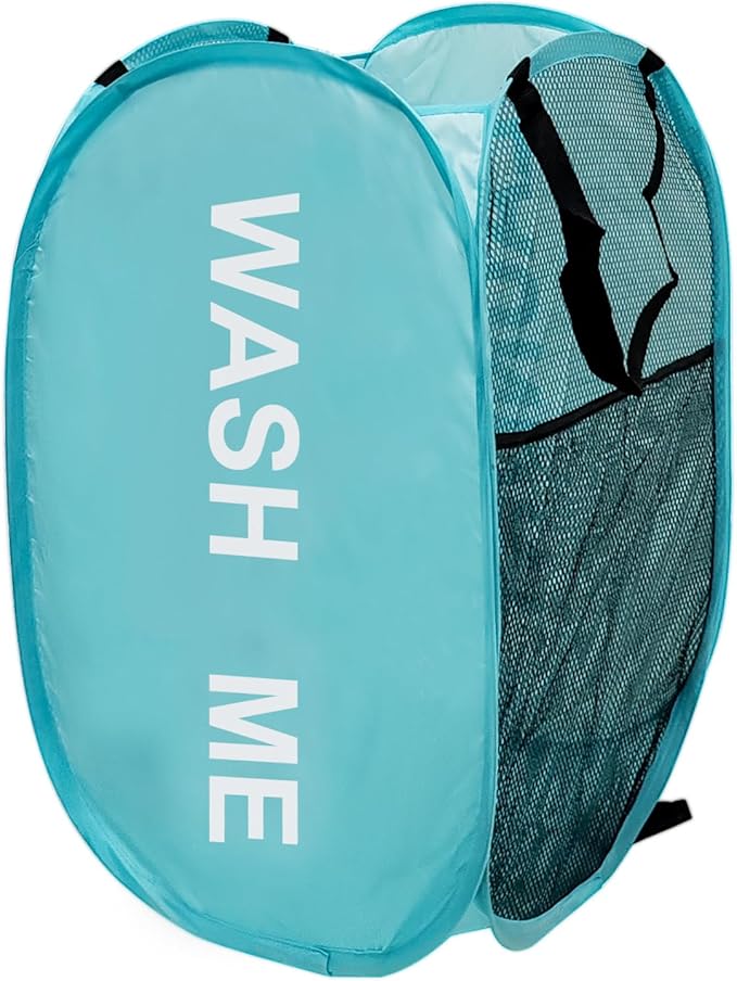 Mesh Pop Up Laundry Hamper with Handles, Collapsible Laundry Basket Side Pocket Dirty Clothes Hamper (Sky Blue)