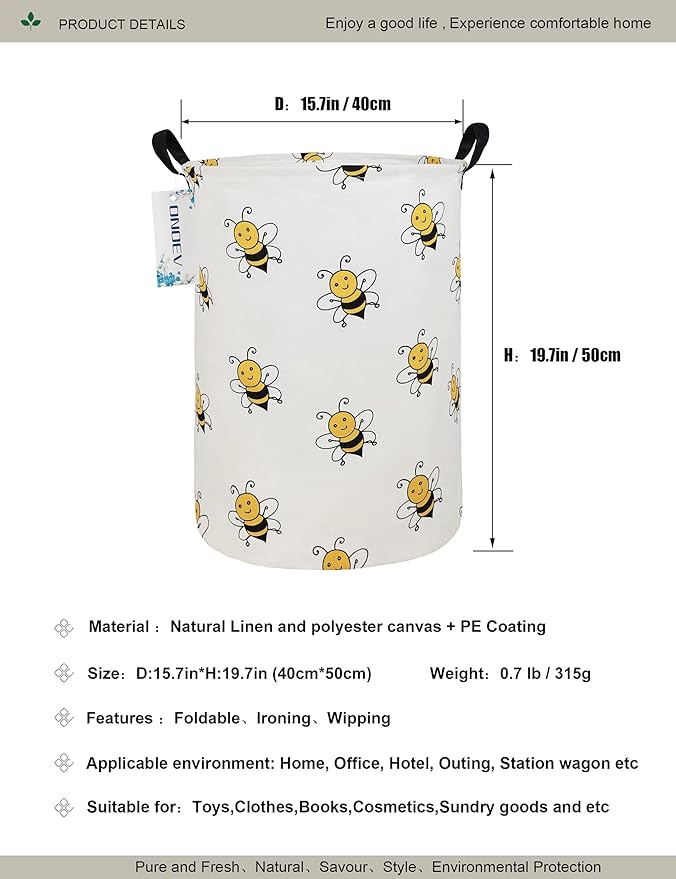 Round Folding Laundry Hamper, Canvas Basket,Nersury Hamper,Suitable for Children,Office,Bedroom,Clothes,Toys Storage（Bee）