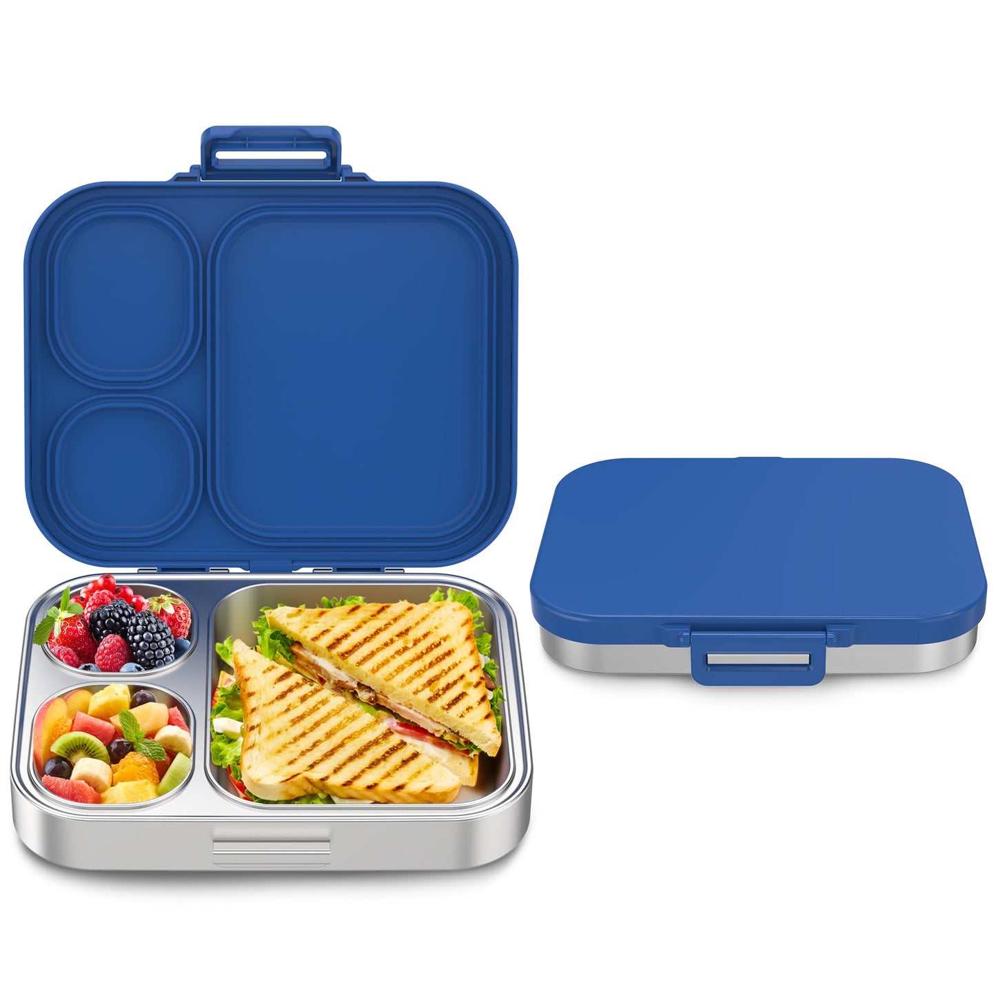 Howeemo Stainless Steel Bento Box Kids, Leak Proof Metal Bento Lunch Box,3 Compartments 304 Stainless Steel Bento Lunch Containers for School and Office, BPA-Free(Blue)
