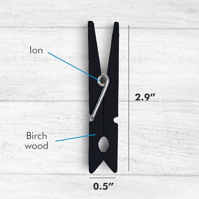 Zeno Black Clothes Pins Wooden – 50 Pack Wooden Clothespins 2.9 Inch with Rust-Resistant Coil, Natural Wood Clips for Laundry, Hanging Clothes, Crafts & DIY, Black