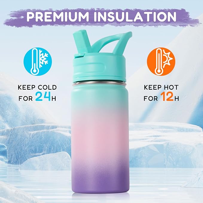 12oz Water Bottle for School, Water Bottles with Straws, Insulated Water Bottles, Stainless Steel Vacuum Insulated Bottle, Leak-Proof, BPA-Free, Aurora + Bubble Gum