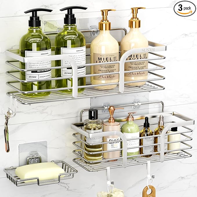 Yougai Shower Caddy, Shower Organizer with Soap Holder and Hooks, Rustproof Shower Shelves, No Drilling Bathroom Organizers and Storage, Wall-Mounted Kitchen & Home Decor (Silver)
