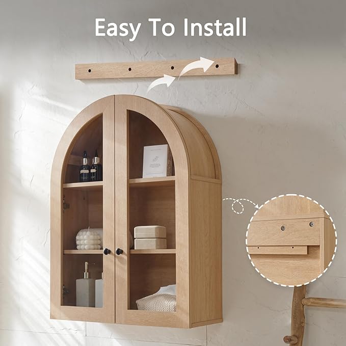 Bathroom Arched Wall Cabinet Over The Toilet Storage Cabinet, 23.5×31.4 Inch bathroom cabinet wall mount with Glass Doors & Adjustable Shelves, Wood Cabinet for Laundry Room, Bedroom Kitchen，Natural