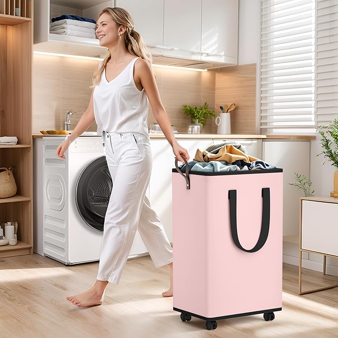 Laundry Basket with Wheels, Collapsible Laundry Baskets, Laundry Hamper with Handles Detachable Wheels, Rolling Laundry Basket, Dirty Clothes Hamper for Bathroom, Dorm, Bedroom, Pink, 80L