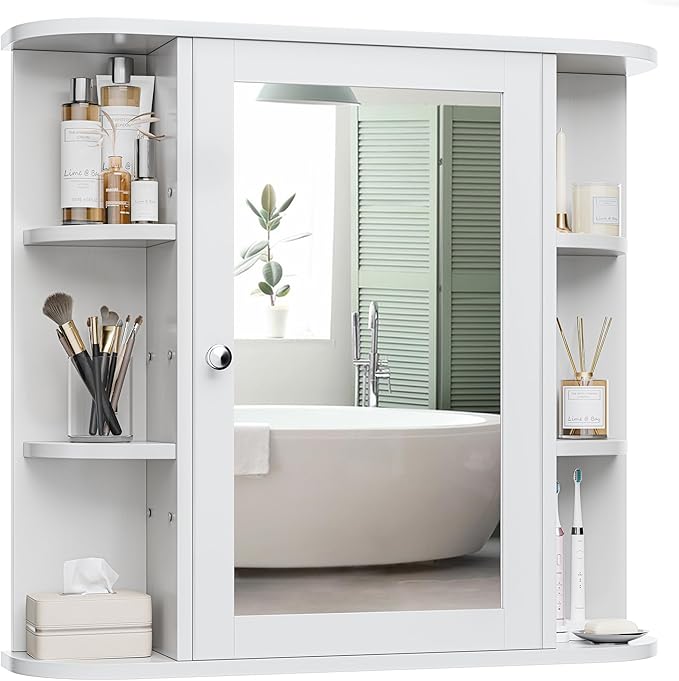Meilocar Bathroom Medicine Cabinet, Bathroom Mirror Cabinet Wall Mounted with 6 Side Open Shelves, White Wall Cabinet with Mirror, White