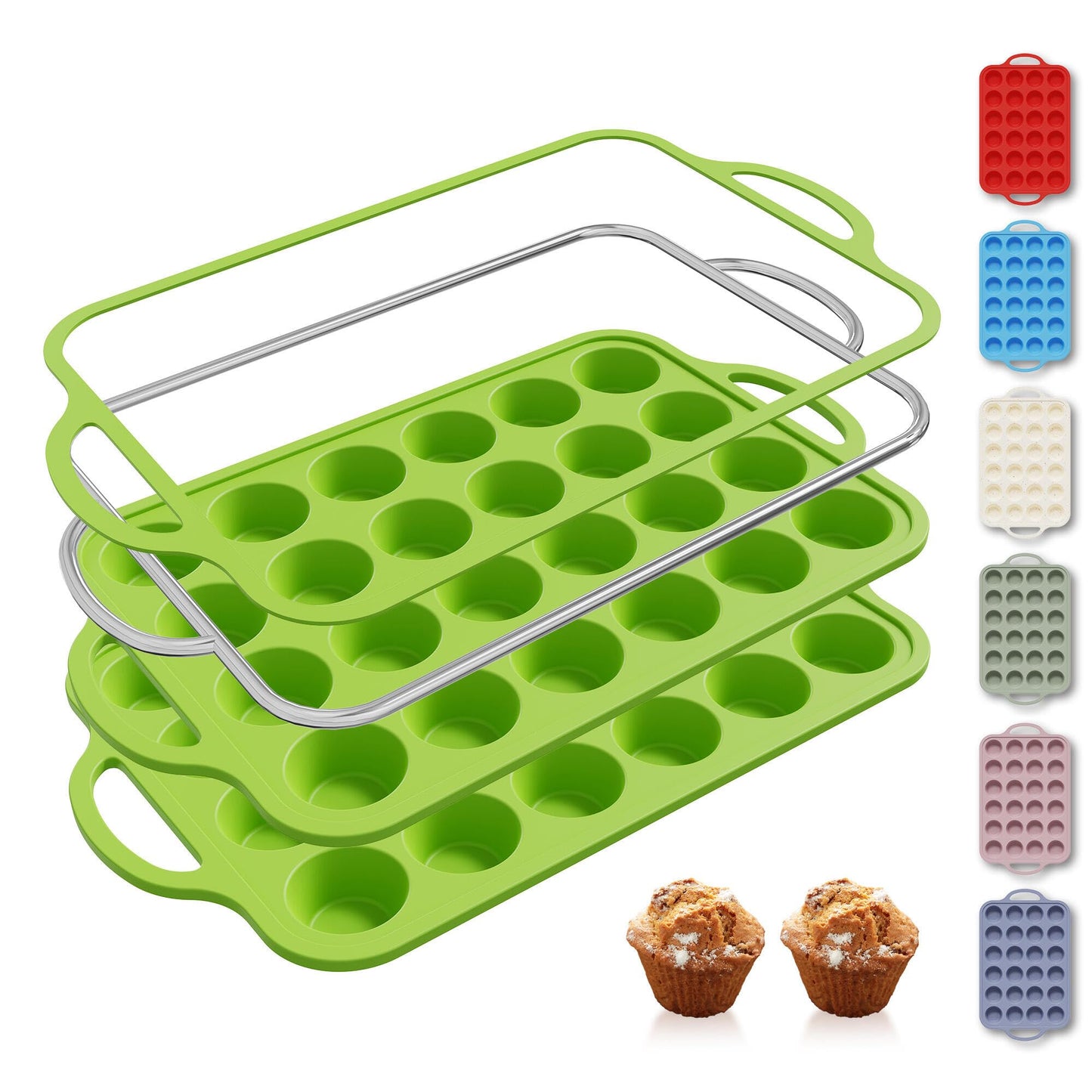 2 Packs 12 Cups Silicone Muffin Pan for Baking with Metal Reinforced Frame Regular Size Cupcake Pan Tray Chocolate Egg Pizza Bites Oven Top Cookie Molds Muffin Tin Tart Pans Sheet Set Bakeware Liner