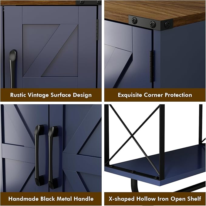 RUSTOWN Farmhouse Rustic Medicine Cabinet with Two Barn Door,Wood Wall Mounted Storage Cabinet w/Dark Brown Top & Adjustable Shelf and Towel Bar, 3-Tier Cabinet for Bathroom(Navy Blue)