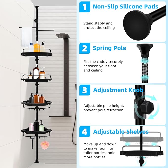 32-122inch Corner Shower Caddy Tension Pole Black, Rustproof Drill-Free Shower Shelves for Bathroom Bathtub Washbasin, Adjustable Shower Organizer with 4 Tier Patent Stable Shelves & Towel Bars