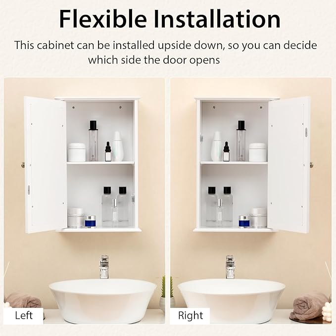Tangkula Bathroom Medicine Cabinet with Mirror, Wall Mounted Single Mirror Door Storage Cabinet w/Adjustable Shelf, Wall Cabinet w/Reversible Door for Bathroom Living Room Hallway (White)