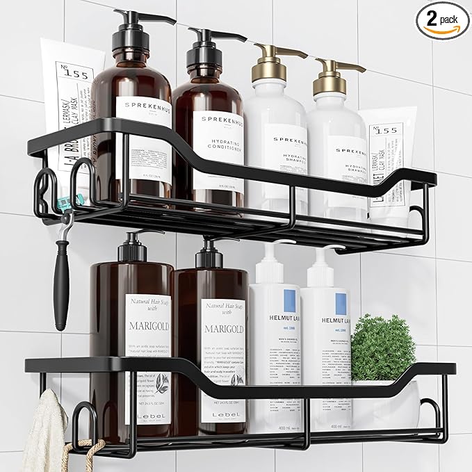 Kitsure Shower Caddy Large - Adhesive Shower Organizer, Stainless Steel Shelf for Inside Shower, No Drill Bathroom Organizers and Storage, Home Decor Accessories, 2 Pack, Black