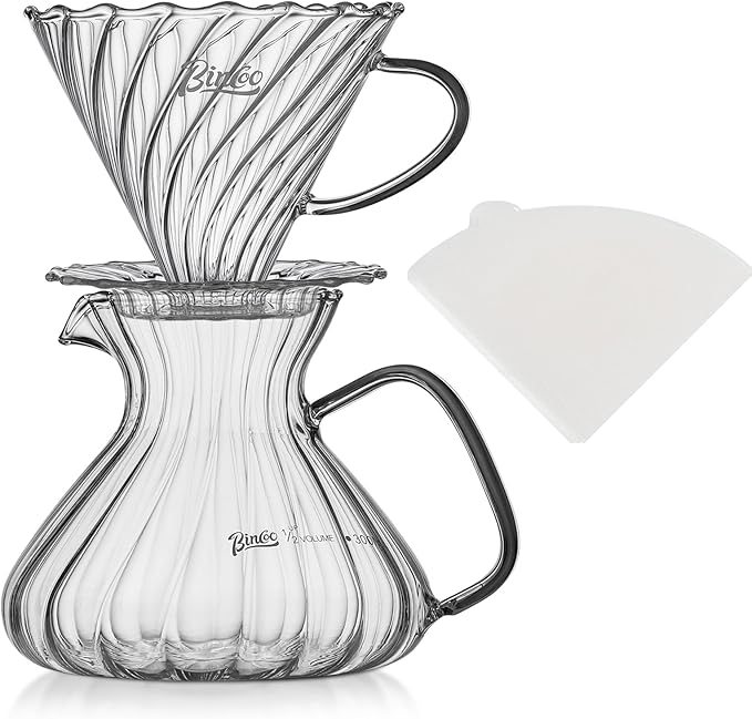 Bincoo Pour Over Coffee Maker Set with Dripper Size 02,600ml Glass Coffee Server Set,60 Angle TaperedGlass Coffee Dripper with Stand&Filter Paper for Home Office Gift (Green)