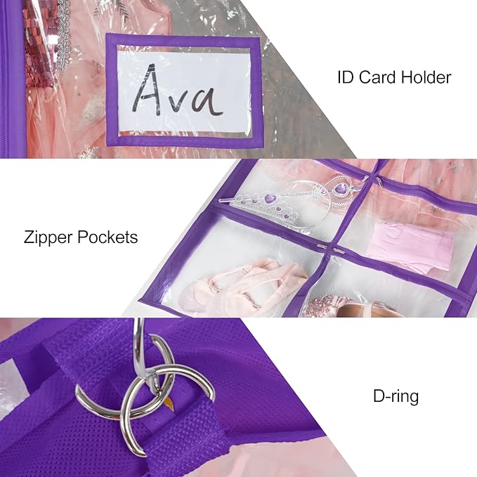 Univivi PVC Dance Costume Bags (3 Pack) Garment Bag 40 Inch for Dance Competitions, with 4 Medium Clear Zipper Pockets and 1 Large Back Zippered Pocket - Clear Purple