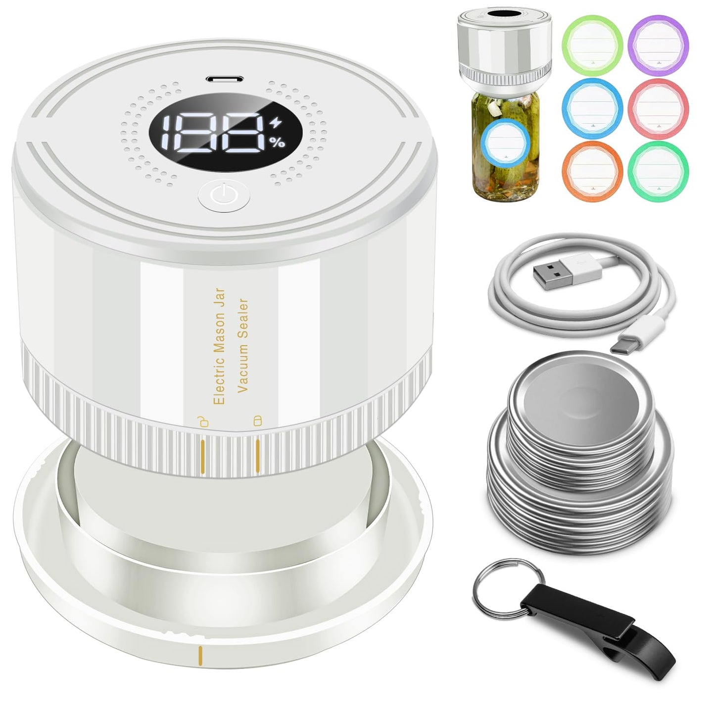 YK Siguoril Auto Stop Electric Mason Jar Vacuum Sealer, Vacuum Sealer Kit for Wide Mouth and Regular Mouth Mason Jars with Food Storage Labels for Freshness and Preservation