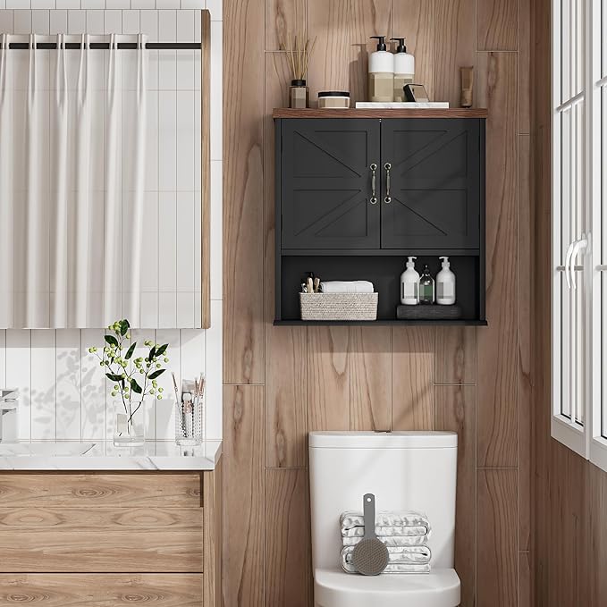 Bathroom Wall Cabinet with Barn Doors, Wall Mounted Bathroom Storage Cabinet, Farmhouse Style, Adjustable Shelf, Wall Mounted Medicine Cabinets, 23.6 x 7.9 x 23.9 Inches