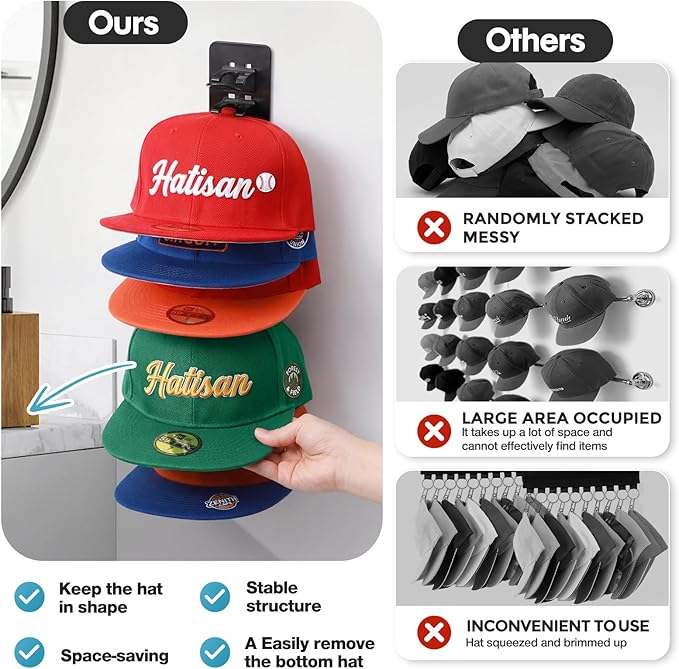 4 Pack Hat Organizer for Baseball Caps, Detachable DIY Hat Rack for Wall Hat Holder Hold up to 44 Hats, Baseball Cap Organizer Cap Holder Hat Hangers for Wall Closet Door Bedroom(4pcs,Black)