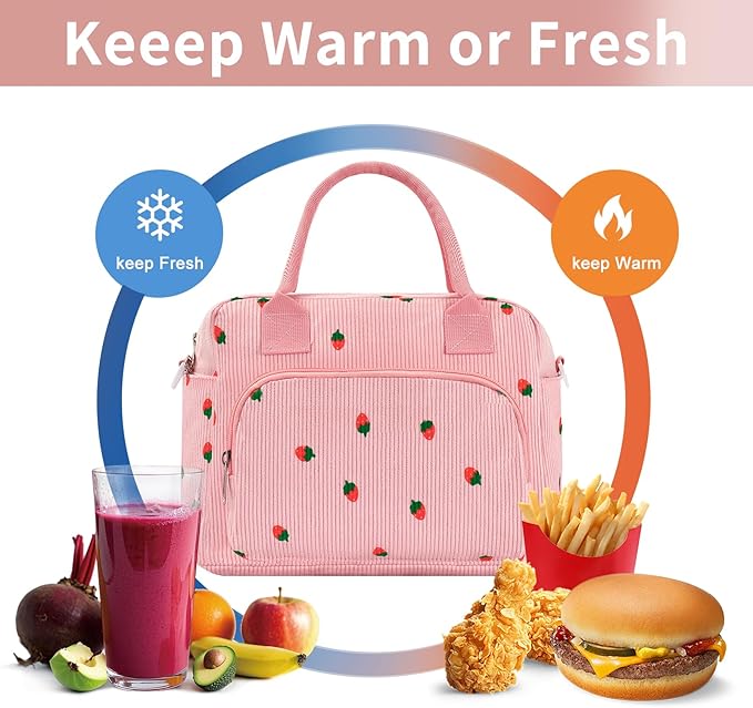 Lunch Bag Women Lunch Box for Women Adult Cute Insulated Lunch Bag Lager Cooler Lunch Tote Bags for Work Picnic (Pink-Strawberry)