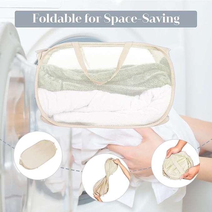 Durable Collapsible Laundry Baskets, Mesh Pop Up Laundry Hamper with Side Pocket, Foldable Clothes Hamper with Reinforced Carry Handles for Laundry, Bathroom, Kids Room, Dorm or Travel 2 Pack Beige