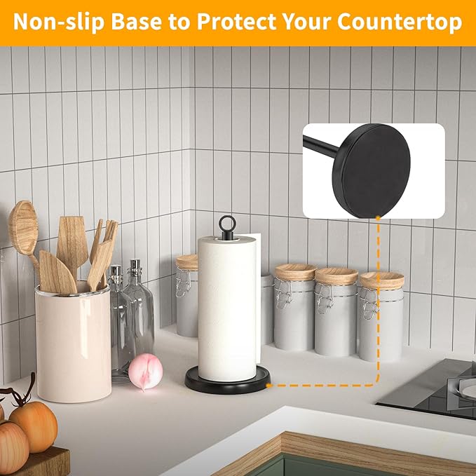 Paper Towel Holder Countertop, Stainless Steel, Weighted Base, Anti-Slip, Black Paper Towel Holder Stand for Kitchen Bathroom Farmhouse Essentials Decor Accessories