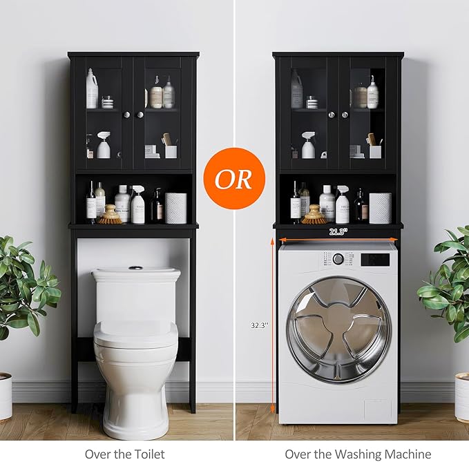 Meilocar Over The Toilet Storage Cabinet for Bathroom, Storage Organizer Over Toilet with Glass Doors, Space Saver for Living Room, Black